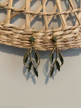 Silver Forest Antique Gold Leaf Drop Earrings with Olive Accents 🌿 Boho beauty